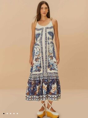 FARM Rio Ana Tapestry Metal Fish Strap Maxi Dress, White/Blue, NWT 🇧🇷